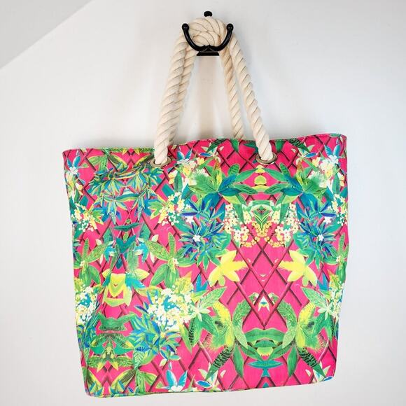 Christian Lacroix Tote Bag Pink Teal Tropical Floral Oversized Summer Beachy - Picture 5 of 6